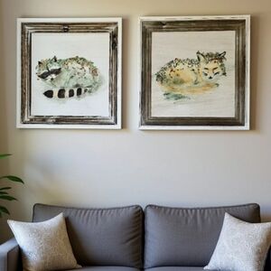 Set of 2 Framed Fox & Raccoon  Floral Print On Wood Framed 15"×15"